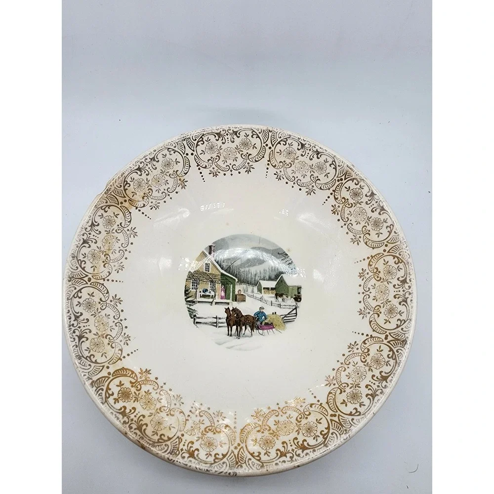 Royal Monarch Currier & Ives Winter Scene Bowl 22KT Gold Filigree Rim Vintage